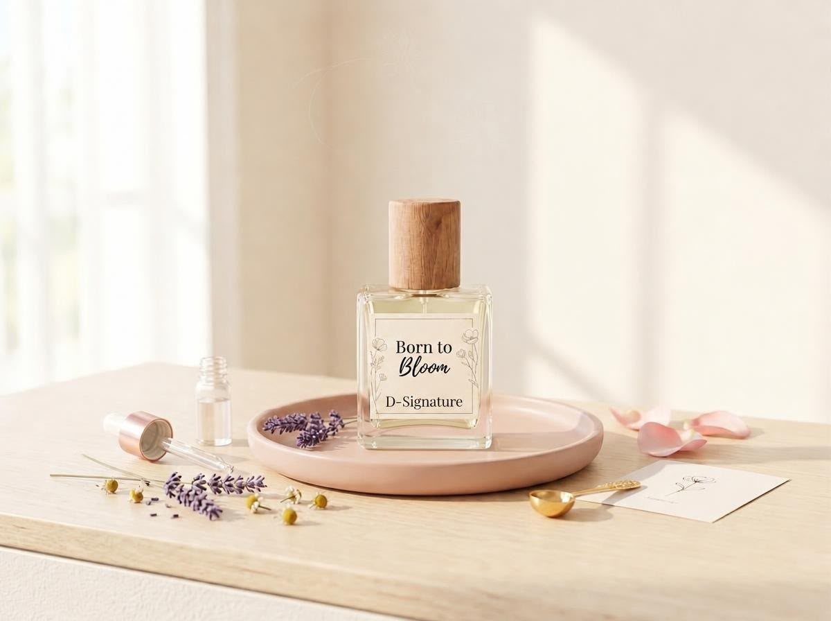Born to Bloom · D-Signature：Julia 為女兒調配的天然精油香水，放在粉紅瓷碟上，旁邊有薰衣草與洋甘菊