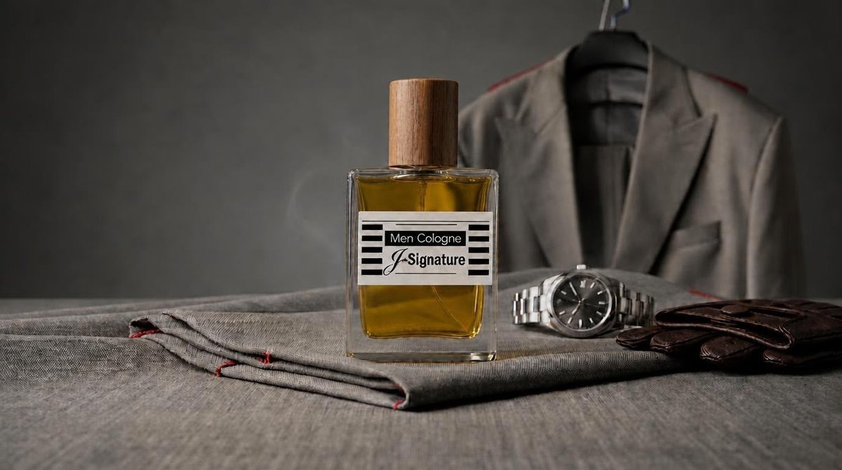 Men Cologne · J-Signature：Julia 為丈夫調配的天然精油香水，放在灰色西裝布料上，旁邊有手錶與皮手套