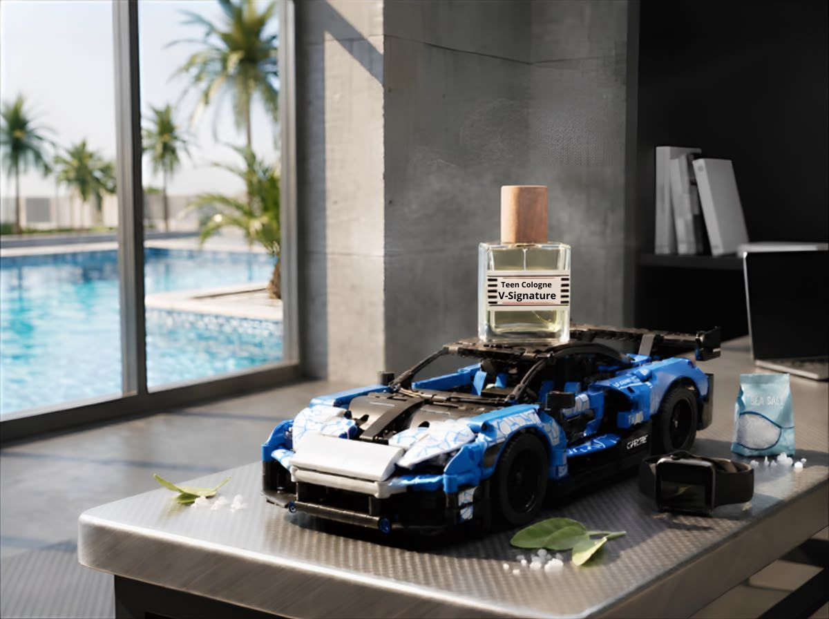 Teen Cologne · V-Signature：Julia 為青少年兒子調配的天然精油香水，放在藍白色模型跑車上